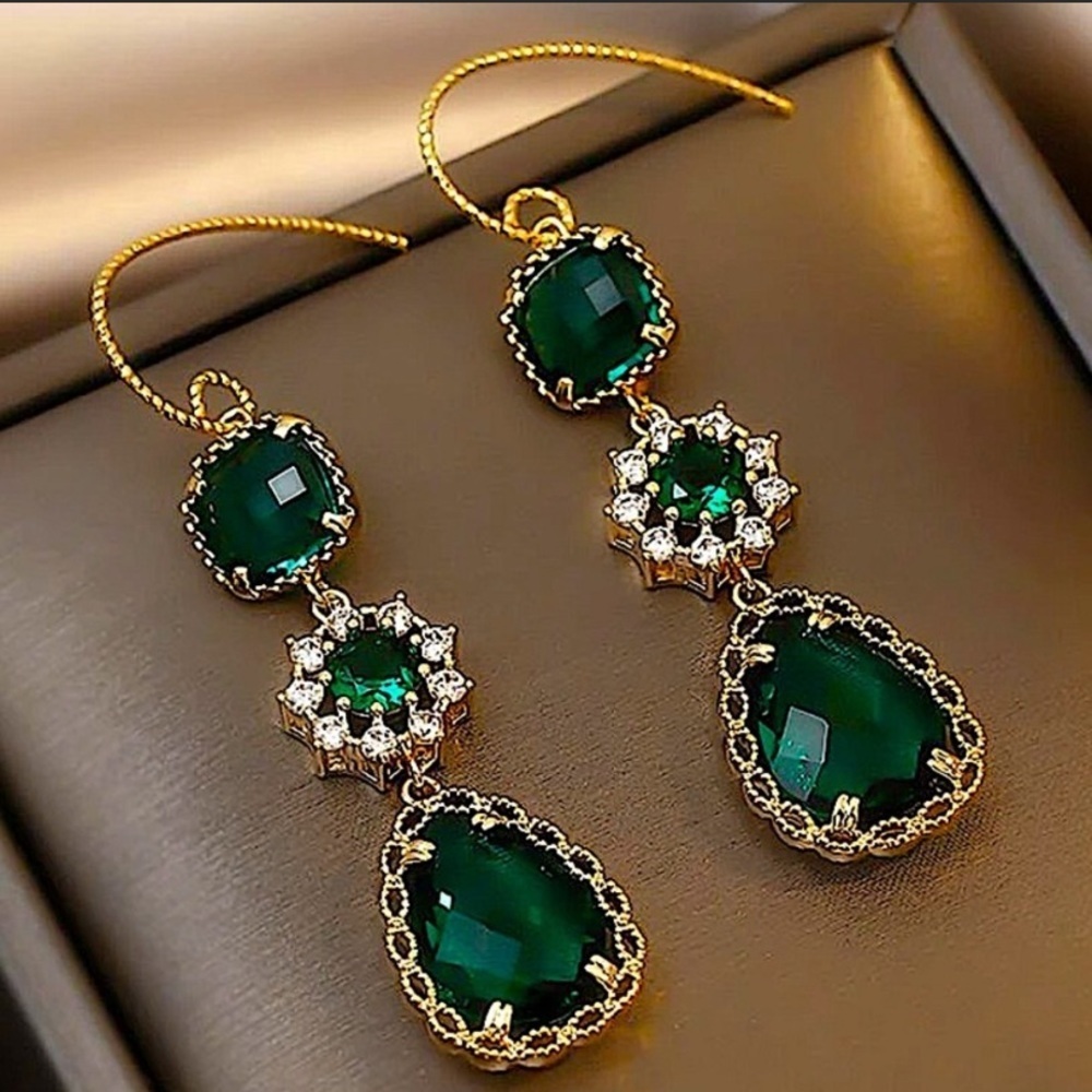 Gold Plated Emerald Green Threader Earrings